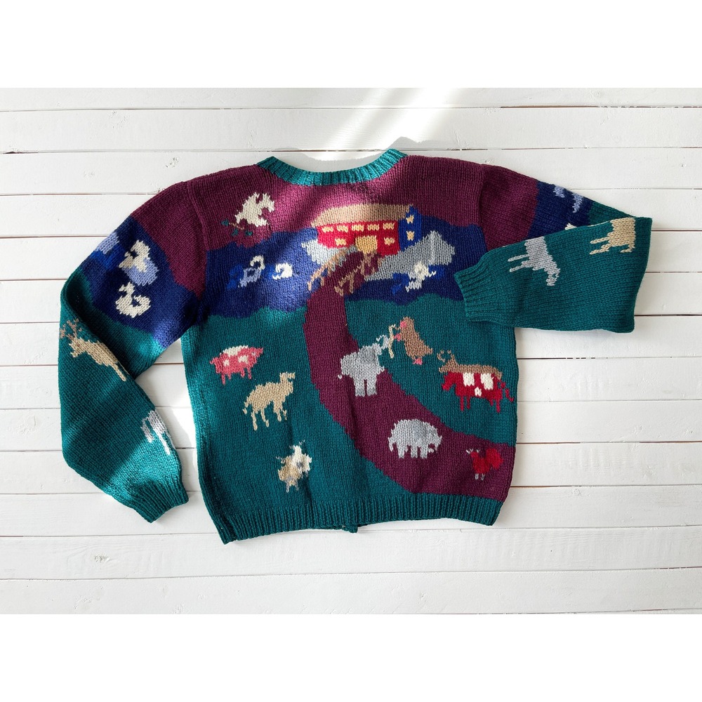 80s 90s vtg SKYR green wool Noahs Ark animal embroidered cardigan sweater